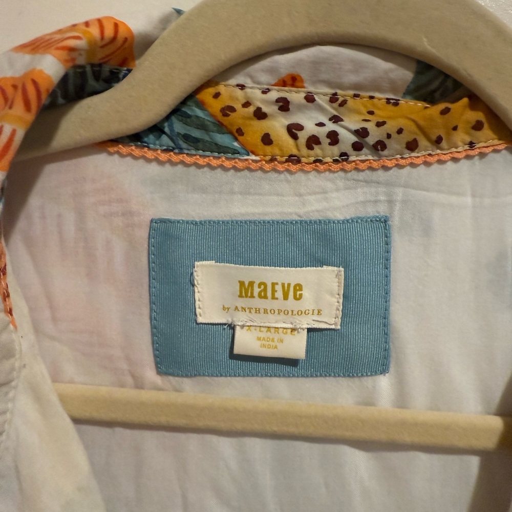 Anthropologie White Tropical Midi Shirt Dress with Green Palm & Orange Accents - Picture 5 of 6